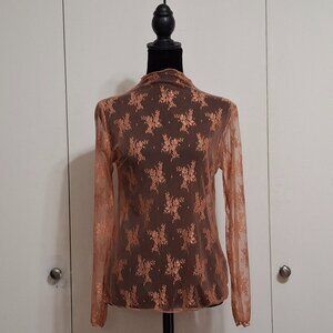 Peach Mesh Floral Long Sleeve Shirt-Forest Fairy Romantic Whimsical Sheer-L/XL